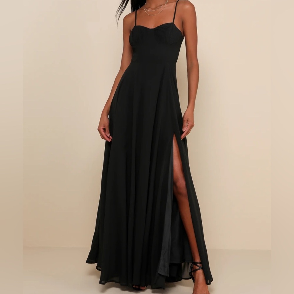 Lulu's Cause for Commotion Black Pleated Bustier Maxi Dress